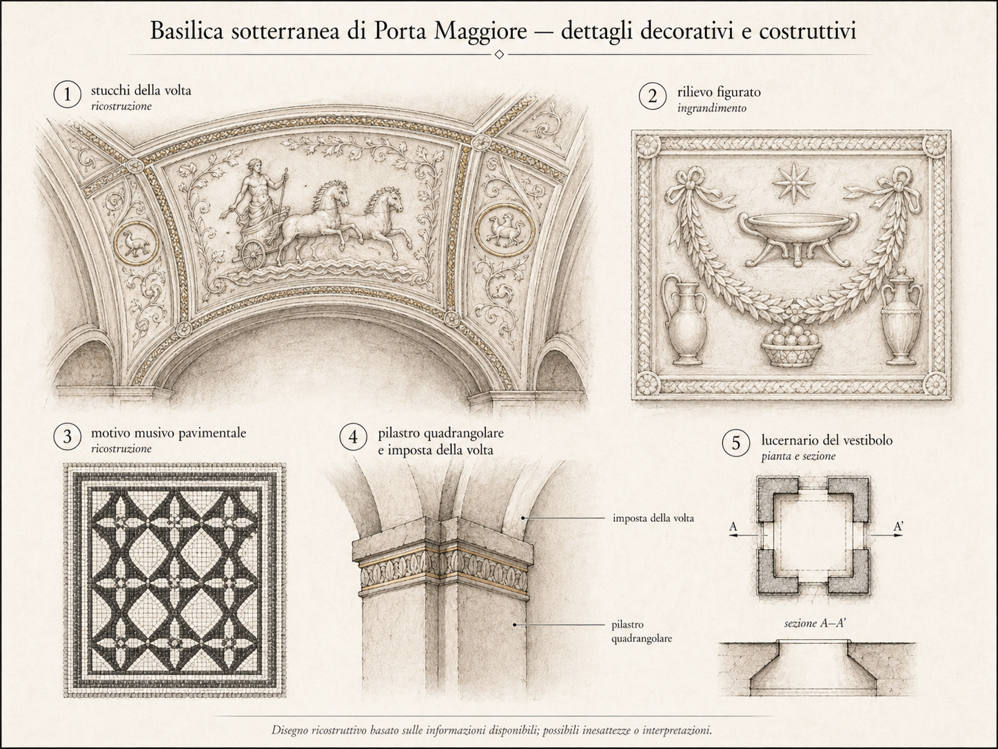 Dettagli decorativi e costruttivi della basilica sotterranea