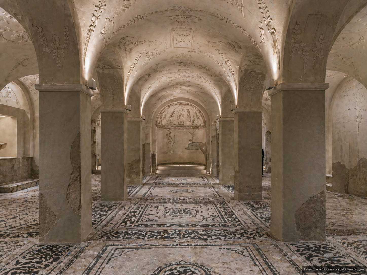 Ricostruzione fotorealistica dell'interno attuale della basilica sotterranea